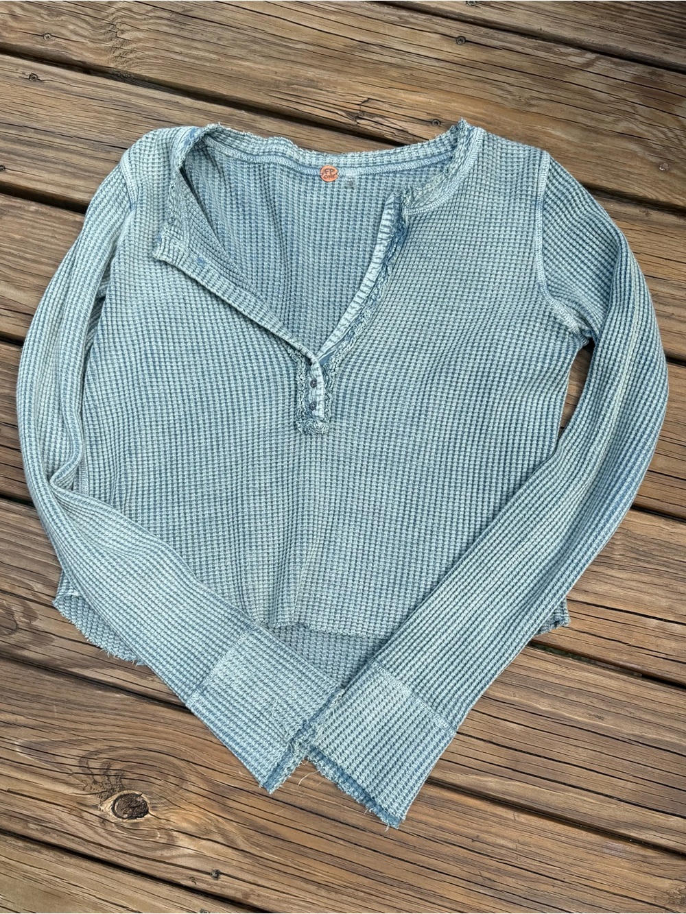 Free People Cropped Light Green Blue  Waffle Knit Henley Long Sleeve Top